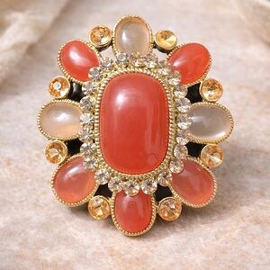 Vintage Pink Cabochon Rhinestone Brooch Gold Tone Statement Pin